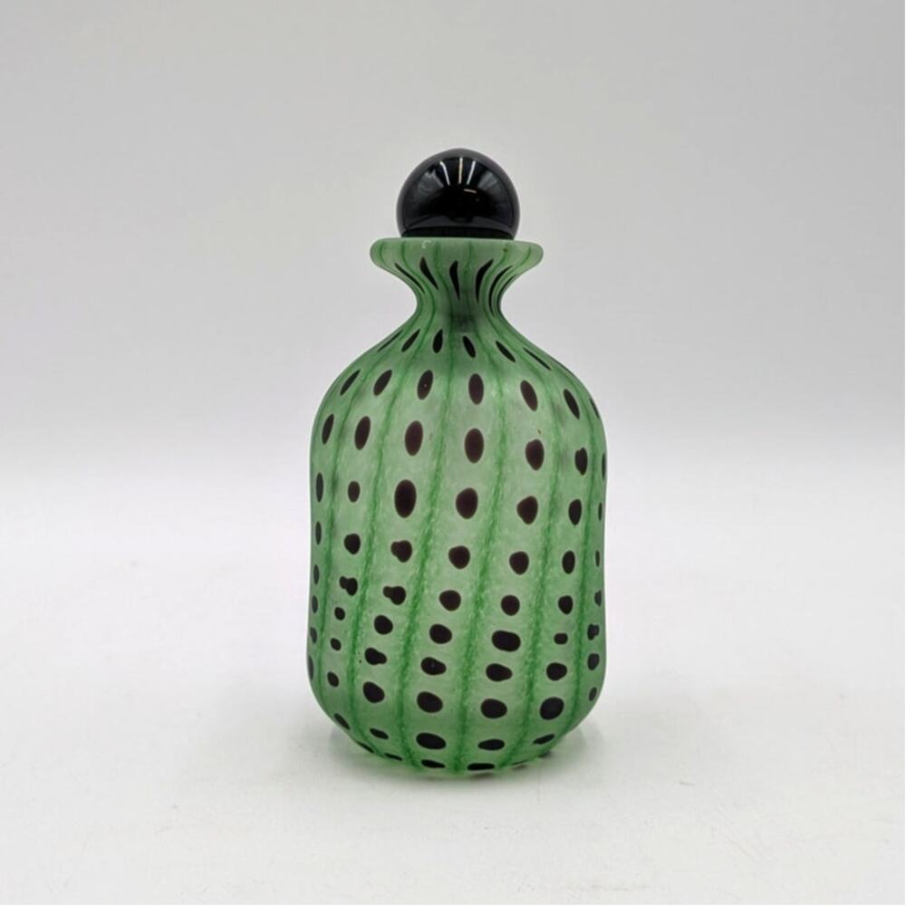 Hand Blown Green and Navy Spotted Satin Art Perfume Bottle  6"